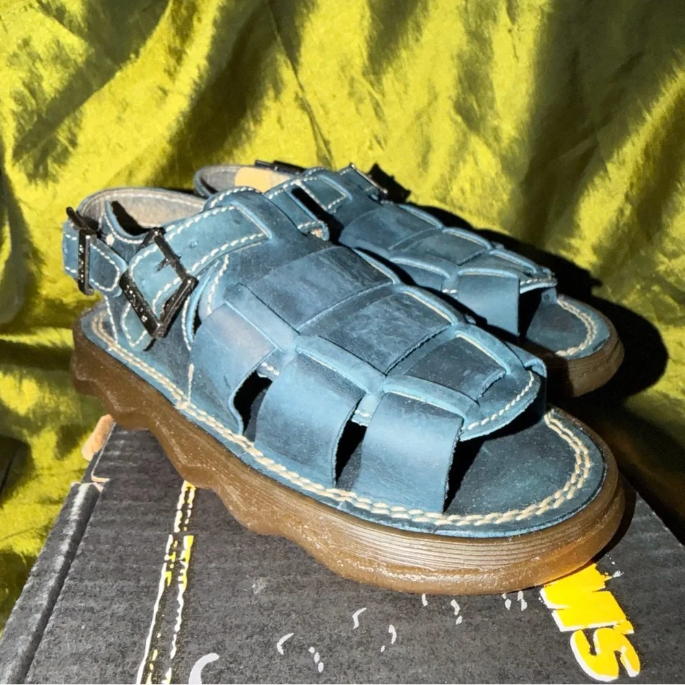 Dr. Martens Kids Blue Leather Woven Sandals with Wavy Sole